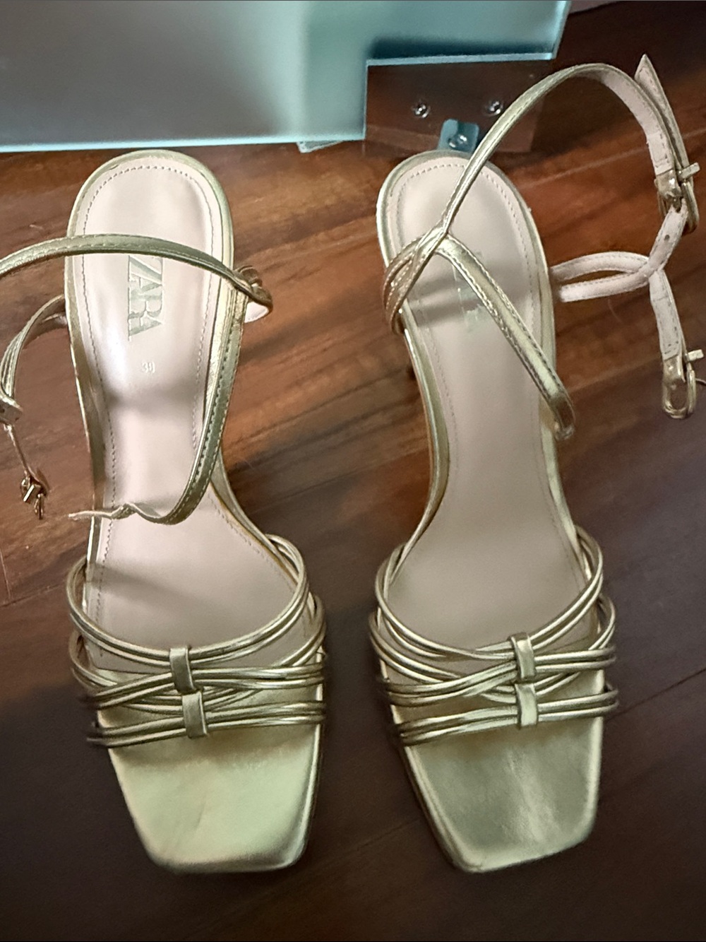 Zara Metallic Gold Strappy Square-Toe Heels